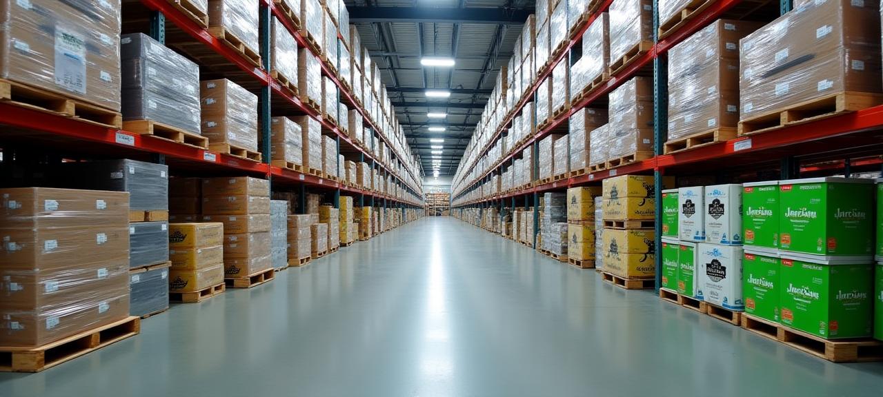 Amplio almacén de distribución de Herramientas JardiSana con palets de productos listos para envío